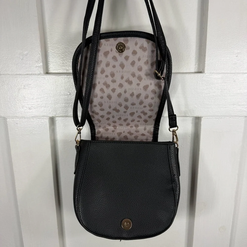 Kedzie Sherpa‎ Trim Crossbody Bag Black Faux Leather Gold Tone Zipper